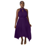 Women Casual Sleeveless Clipped Pleated Halter Neck Dress