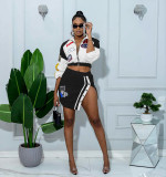 Women Printed Long Sleeve Jacket and Button Skirt Two-Piece Set