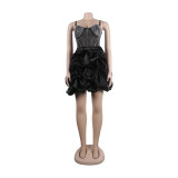 Women Sexy Beaded Stretch Camisole Cascading Ruffles Dress Tutu