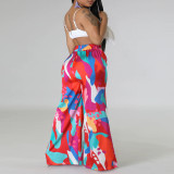 Plus Size Women Casual Tie Print Pocket Wide Leg Pants
