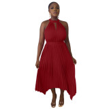 Women Casual Sleeveless Clipped Pleated Halter Neck Dress
