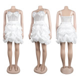 Women Sexy Beaded Stretch Camisole Cascading Ruffles Dress Tutu