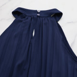 Women Casual Sleeveless Clipped Pleated Halter Neck Dress