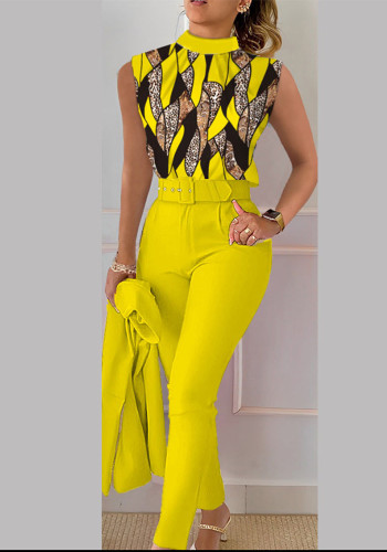 Trendy Spring Print Sleeveless Print Top Solid Pants Fashion Casual Suit (Without Coat)