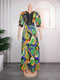 African Plus Size Women's Beaded Print Swing Dress
