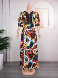 African Plus Size Women's Beaded Print Swing Dress