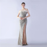 Sexy Feather Sequins Straps Side Slit Evening Dress