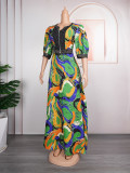 African Plus Size Women's Beaded Print Swing Dress