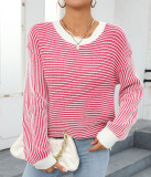 Autumn And Winter Women's Color-Blocked Round Neck Pullover Sweater Striped Knitting Top