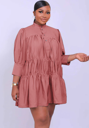 High Collar Solid Color Simple Loose Casual Women's Dress