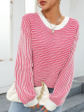 Autumn And Winter Women's Color-Blocked Round Neck Pullover Sweater Striped Knitting Top