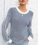 Autumn And Winter Women's Color-Blocked Round Neck Pullover Sweater Striped Knitting Top