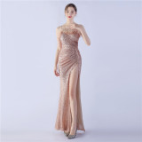 Sexy Feather Sequins Straps Side Slit Evening Dress