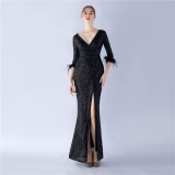 Sexy Feather Sequined Long-Sleeved Evening Dress