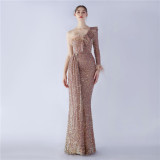 Sexy Slash Shoulder Feather Ruffle Long Sleeve Side Slit Sequin Evening Dress