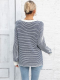 Autumn And Winter Women's Color-Blocked Round Neck Pullover Sweater Striped Knitting Top