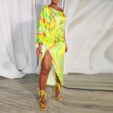 Sexy Printed Asymmetrical Slash Shoulder Slit Dress