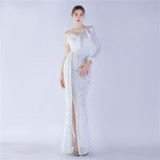 Sexy Slash Shoulder Feather Ruffle Long Sleeve Side Slit Sequin Evening Dress
