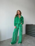 Autumn Velvet Long Sleeve Zipper Turndown Collar Top Elastic Waist Wide Leg Trousers Casual Two Sets For Women