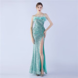 Sexy Feather Sequins Straps Side Slit Evening Dress