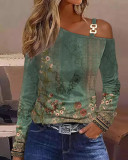 Autumn Metal Button Slash Shoulder Strap Long Sleeve Print Shirt Women's Clothing