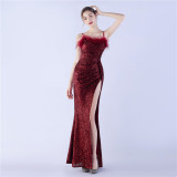 Sexy Feather Sequins Straps Side Slit Evening Dress