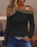 Autumn Metal Button Slash Shoulder Strap Long Sleeve Print Shirt Women's Clothing