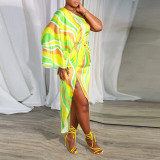 Sexy Printed Asymmetrical Slash Shoulder Slit Dress