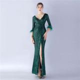 Sexy Feather Sequined Long-Sleeved Evening Dress
