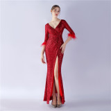 Sexy Feather Sequined Long-Sleeved Evening Dress
