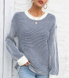 Autumn And Winter Women's Color-Blocked Round Neck Pullover Sweater Striped Knitting Top