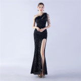 Sexy Feather Sequins Slash Shoulder Side Slit Evening Dress