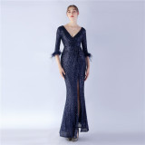 Sexy Feather Sequined Long-Sleeved Evening Dress