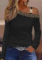 Autumn Metal Button Slash Shoulder Strap Long Sleeve Print Shirt Women's Clothing