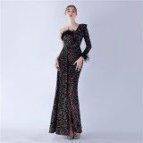 Sexy Slash Shoulder Feather Ruffle Long Sleeve Side Slit Sequin Evening Dress