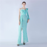 Sexy Slash Shoulder Feather Ruffle Long Sleeve Side Slit Sequin Evening Dress