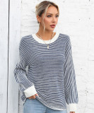 Autumn And Winter Women's Color-Blocked Round Neck Pullover Sweater Striped Knitting Top