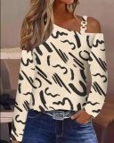 Autumn Metal Button Slash Shoulder Strap Long Sleeve Print Shirt Women's Clothing