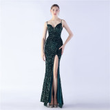 Sexy Sequined Side Slit Straps Long Evening Dress