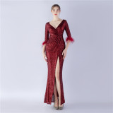 Sexy Feather Sequined Long-Sleeved Evening Dress