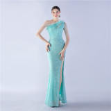 Sexy Feather Sequins Slash Shoulder Side Slit Evening Dress
