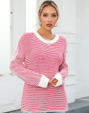 Autumn And Winter Women's Color-Blocked Round Neck Pullover Sweater Striped Knitting Top