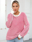 Autumn And Winter Women's Color-Blocked Round Neck Pullover Sweater Striped Knitting Top