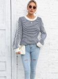 Autumn And Winter Women's Color-Blocked Round Neck Pullover Sweater Striped Knitting Top