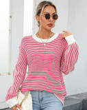 Autumn And Winter Women's Color-Blocked Round Neck Pullover Sweater Striped Knitting Top