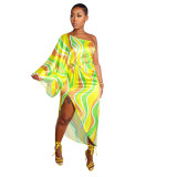 Sexy Printed Asymmetrical Slash Shoulder Slit Dress