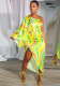 Sexy Printed Asymmetrical Slash Shoulder Slit Dress