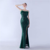 Sexy Feather Sequins Straps Side Slit Evening Dress