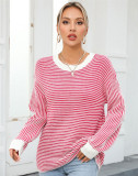 Autumn And Winter Women's Color-Blocked Round Neck Pullover Sweater Striped Knitting Top
