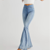 Spring And Autumn Irregular Denim Pants Women's High Waist Slim Fit Bell Bottom Trousers